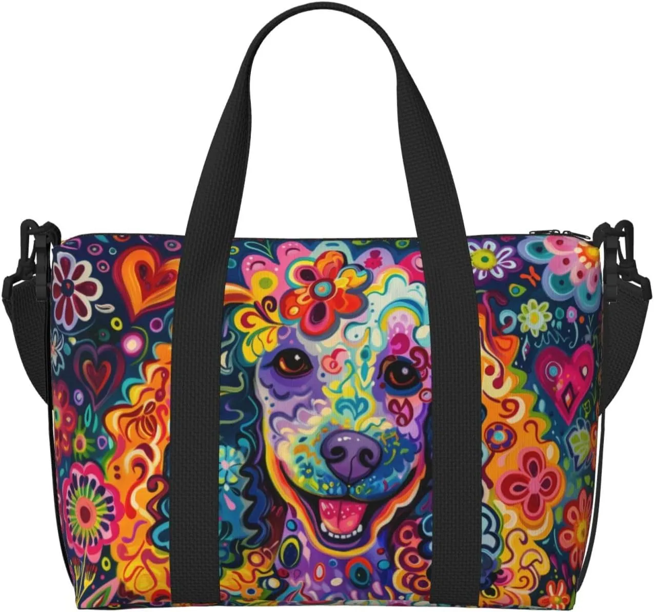 happy poodle flower print Travel Duffel Bag, Sports Tote Gym Bag, Swim Pool Bag Large Shoulder Tote Bag for Beach Weekender, 202-406-121