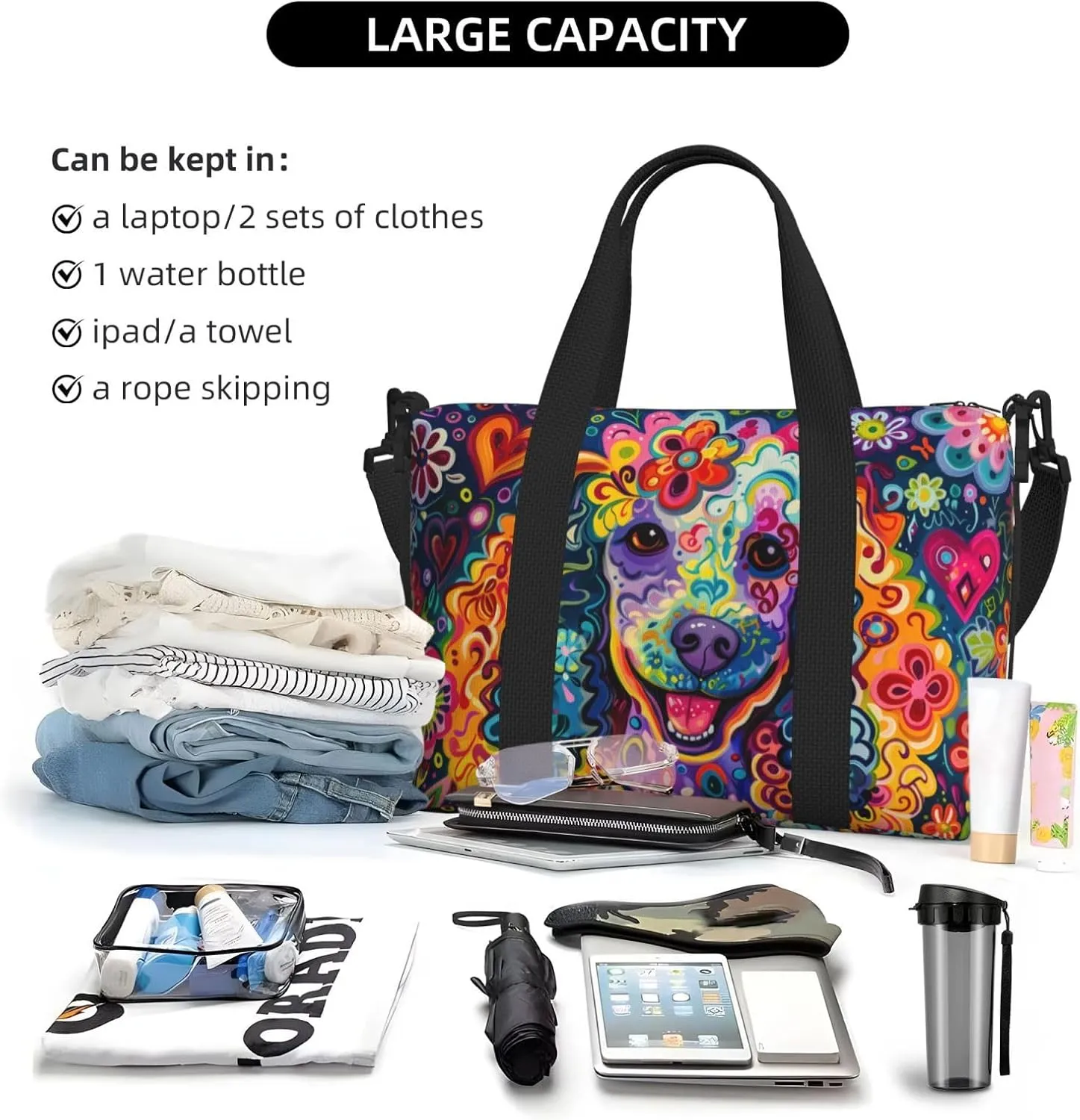 happy poodle flower print Travel Duffel Bag, Sports Tote Gym Bag, Swim Pool Bag Large Shoulder Tote Bag for Beach Weekender, 202-406-121