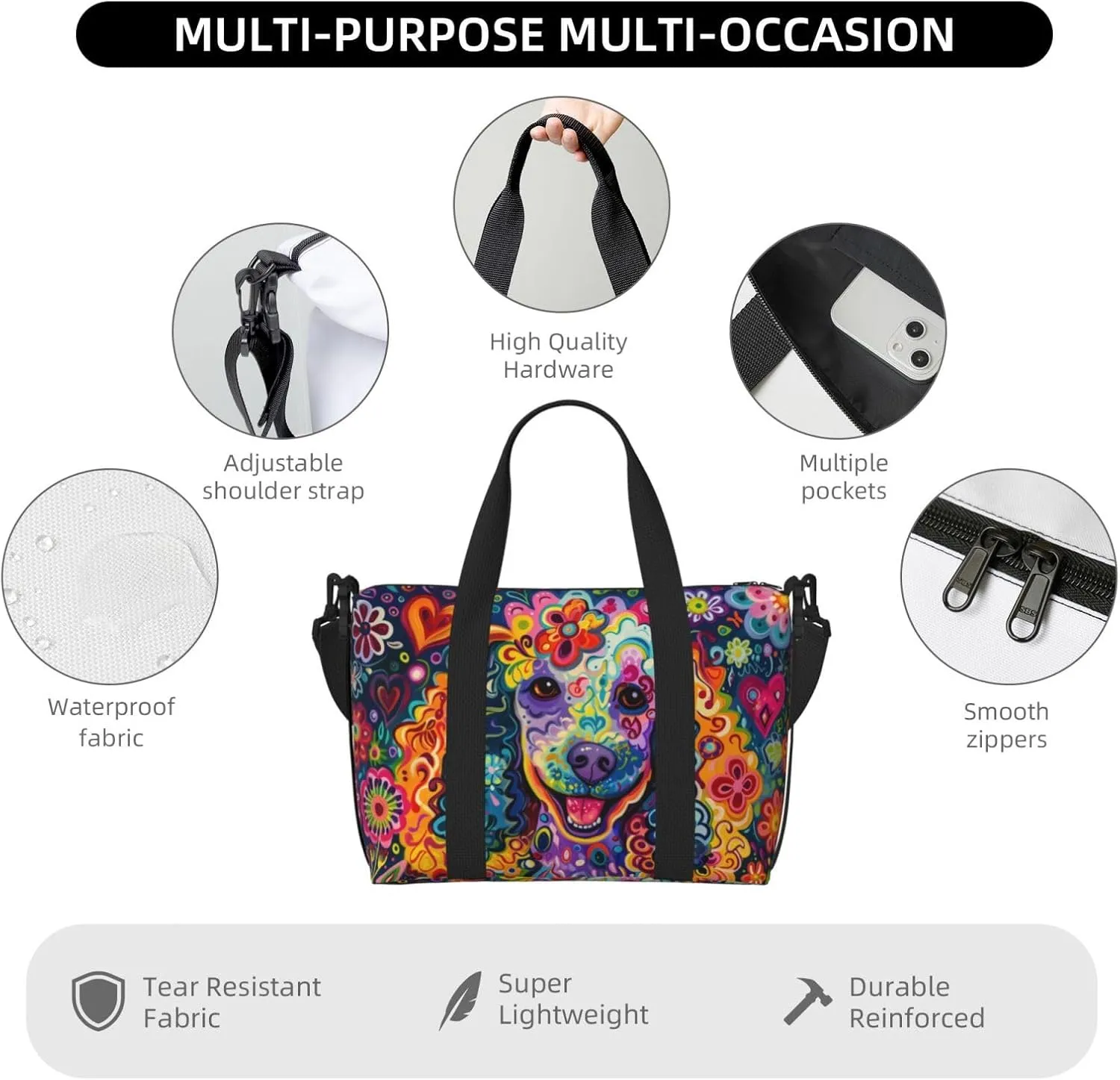 happy poodle flower print Travel Duffel Bag, Sports Tote Gym Bag, Swim Pool Bag Large Shoulder Tote Bag for Beach Weekender, 202-406-121