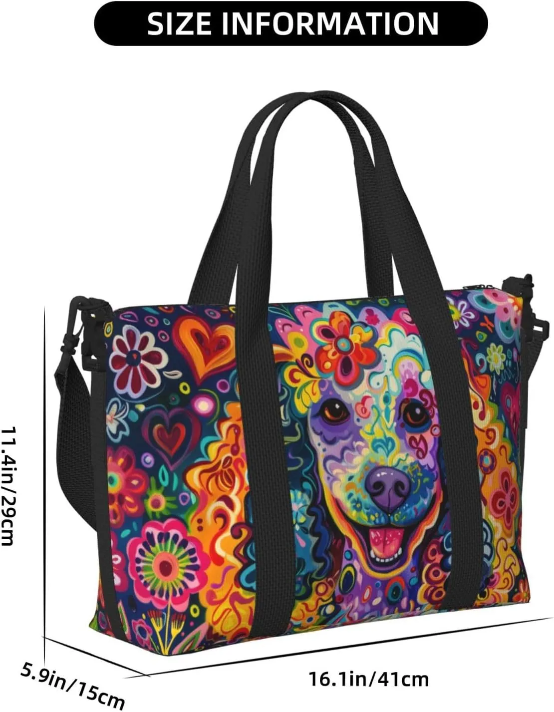 happy poodle flower print Travel Duffel Bag, Sports Tote Gym Bag, Swim Pool Bag Large Shoulder Tote Bag for Beach Weekender, 202-406-121