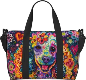 happy poodle flower print Travel Duffel Bag, Sports Tote Gym Bag, Swim Pool Bag Large Shoulder Tote Bag for Beach Weekender, 202-406-121