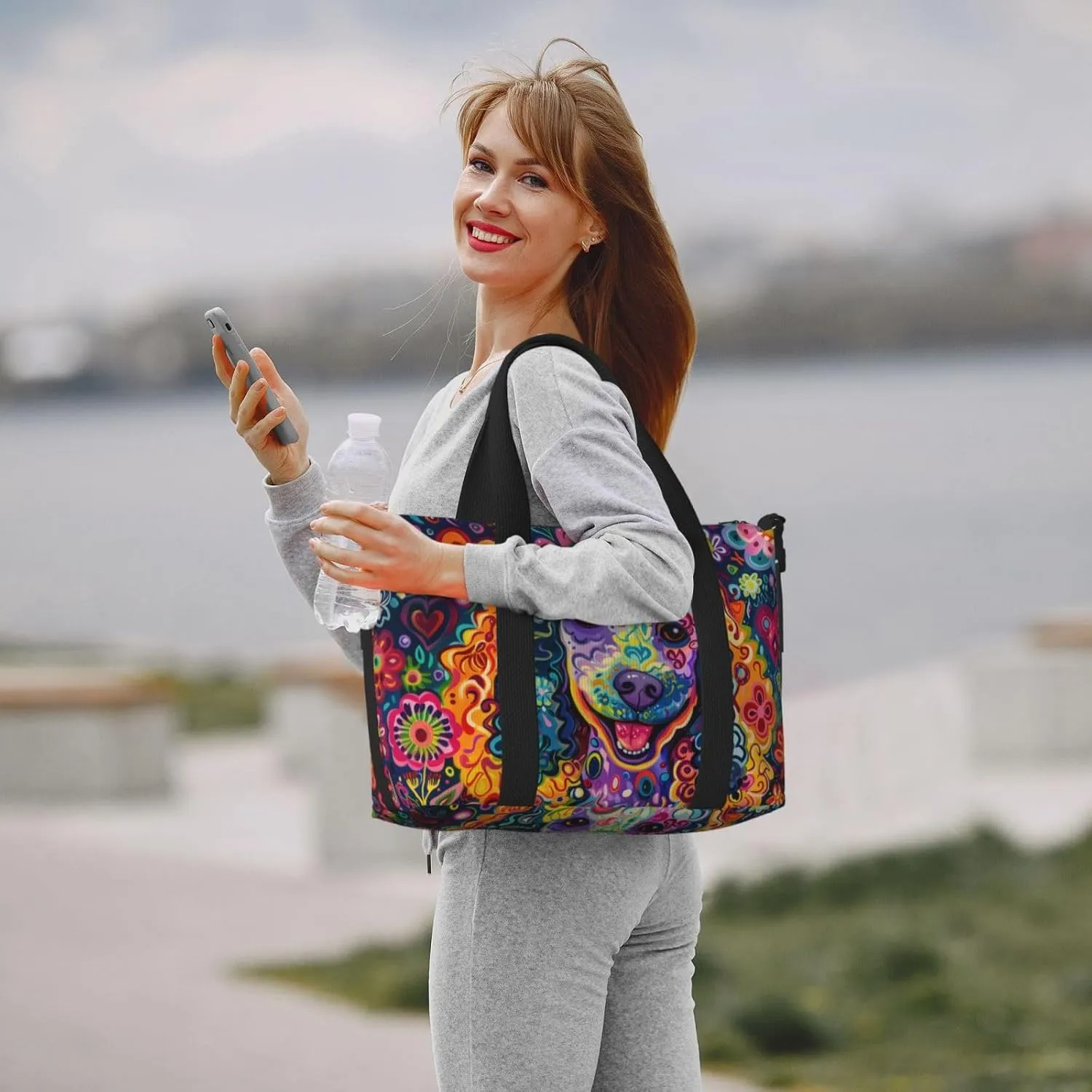 happy poodle flower print Travel Duffel Bag, Sports Tote Gym Bag, Swim Pool Bag Large Shoulder Tote Bag for Beach Weekender, 202-406-121