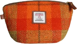 Harris Tweed Wool Small Cosmetic Bag, Compact Scottish Tartan Small Makeup Bag, Handmade Stain-Resistant Travel Pouch for Women （Orange）