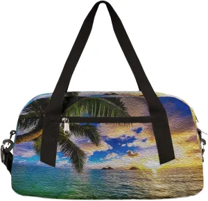 Hawaii Ocean Palm Tree Kids Duffel Bag for Girls Boys Teens, Hawaii Oil Painting Dance Bag Overnight Small Duffel Bag Carry On Weekend Sports Gym Travel Bag for School Practice Gymnastics Ballet