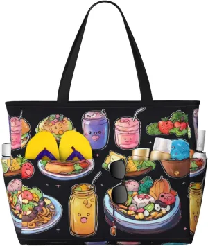 Healthy Food Print Stylish Beach Tote Bag,Large Capacity Handbag,Perfect For Women'S Vacation And Daily Use