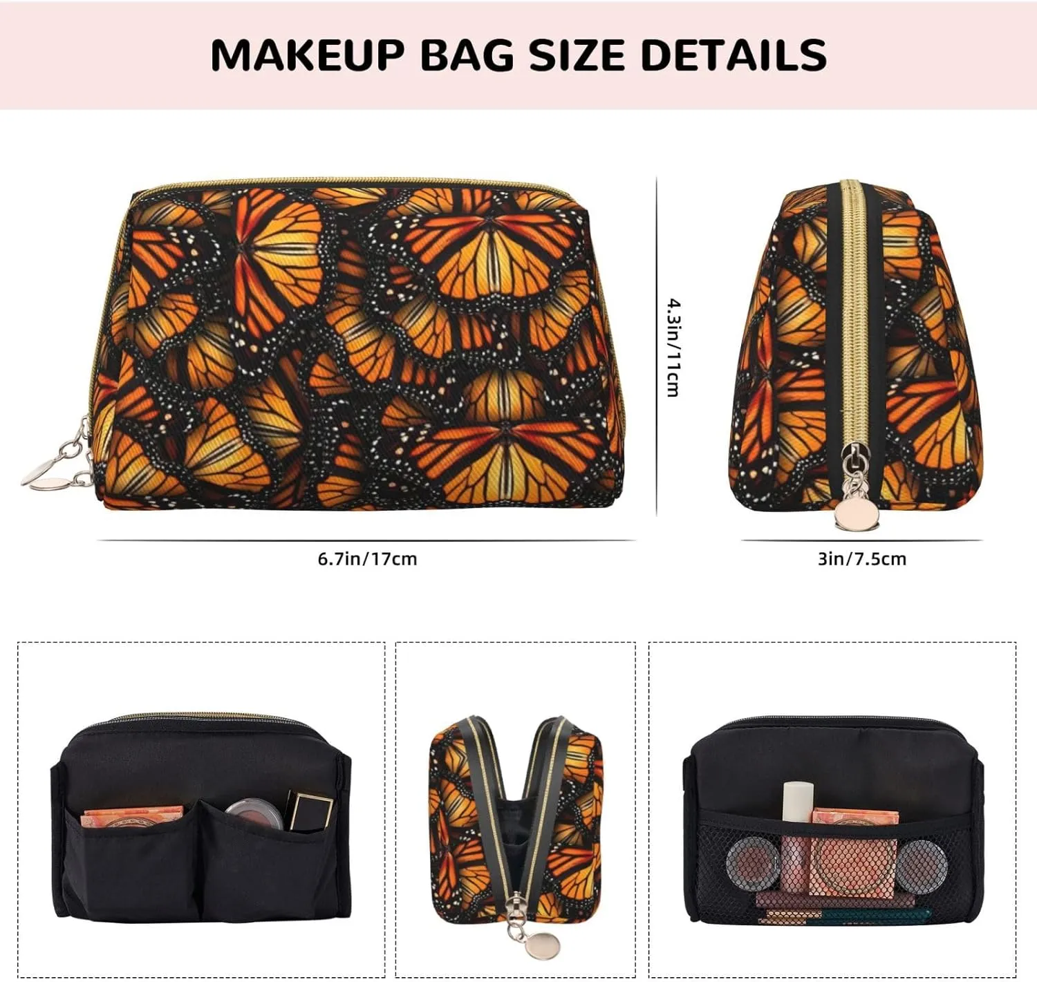 Heaps Of Orange Monarch Butterflies Toiletry Travel Bag, Portable Cosmetic Organizer For Women, On-The-Go