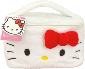 Hello Kitty Plush Cosmetic Bag Makeup Pouch Travel Portable Vanity Case Organizer with Handle - White