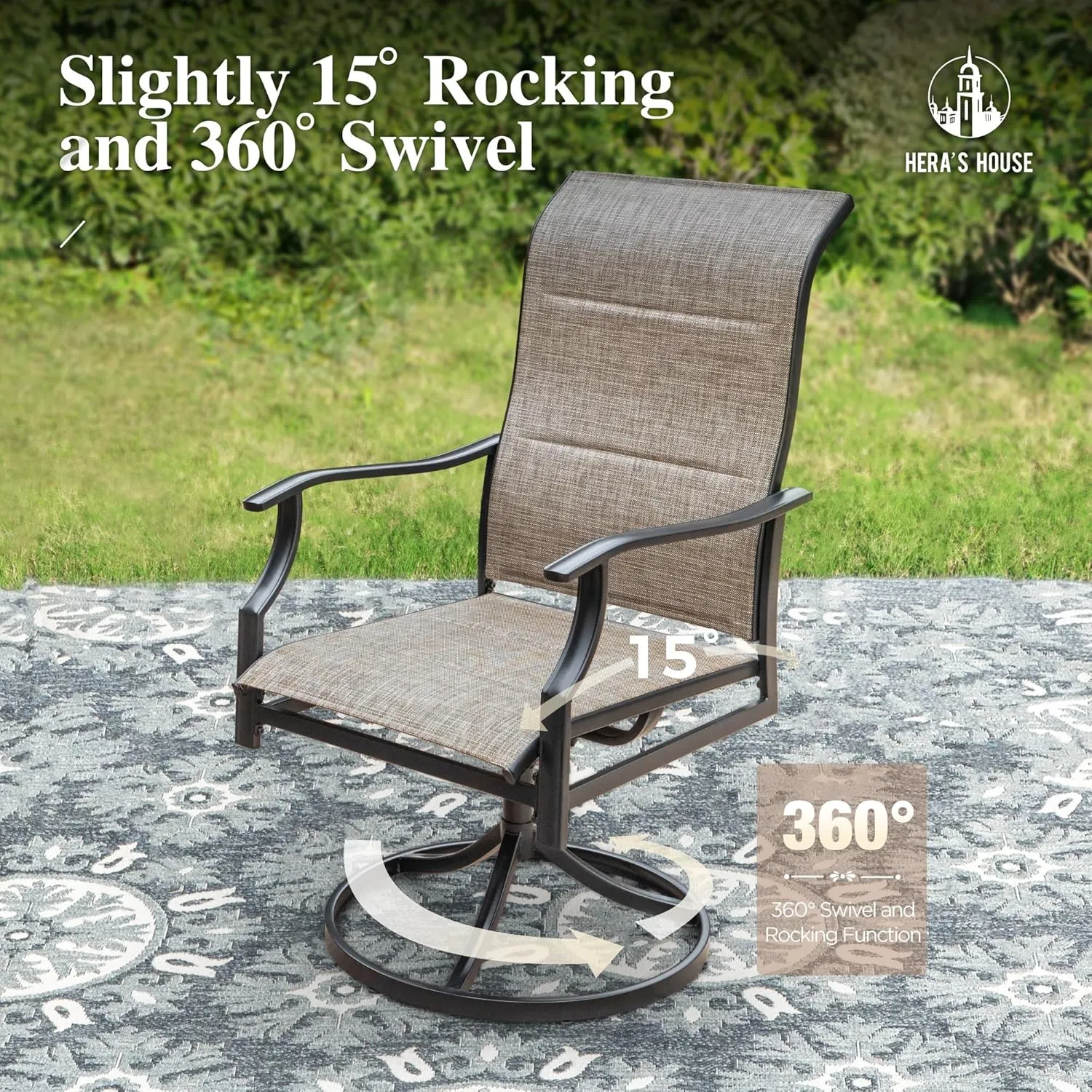 HERA'S HOUSE Patio Outdoor Swivel High-Back Rocking Chairs of 2, Outdoor Dining Chairs with All Weather Textilene Fabric,Wide Metal Armrests for Lawn, Porch or Garden