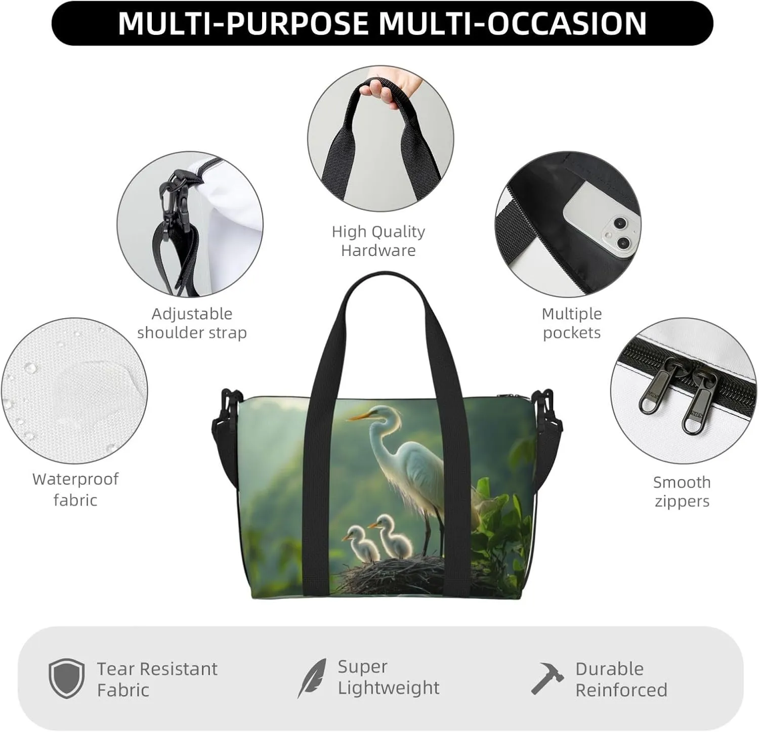 heron art print Travel Duffel Bag, Sports Tote Gym Bag, Swim Pool Bag Large Shoulder Tote Bag for Beach Weekender