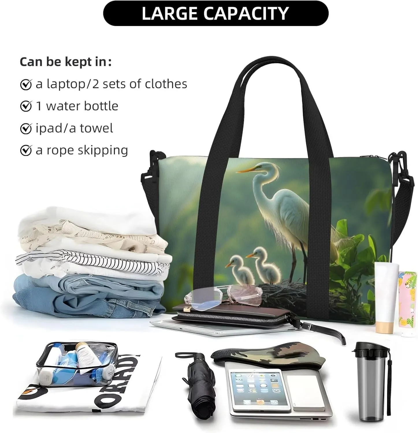heron art print Travel Duffel Bag, Sports Tote Gym Bag, Swim Pool Bag Large Shoulder Tote Bag for Beach Weekender