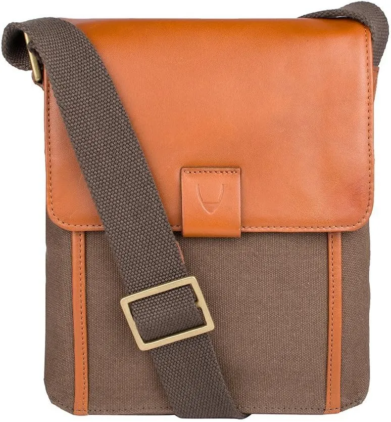 Hidesign Aiden Genuine Leather and Canvas Mini Crossbody Men/Women Messenger Bag / Travel Bag / 10.5" iPad Bag, Tan