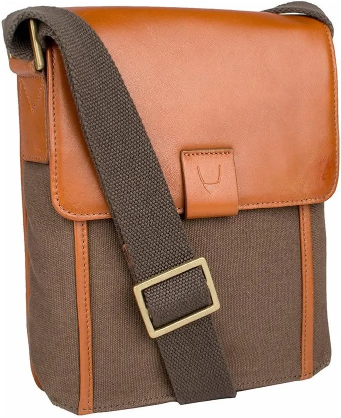 Hidesign Aiden Genuine Leather and Canvas Mini Crossbody Men/Women Messenger Bag / Travel Bag / 10.5" iPad Bag, Tan
