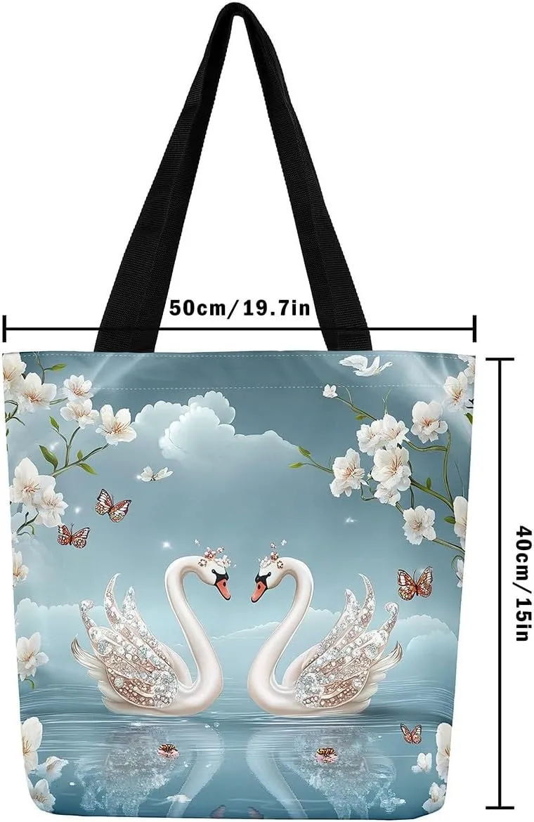 Hippo Canvas Tote Bag for Women,Cartoon Animal Large Capacity Gym Bag Garden Flower Cute Wildlife Cotton Bags