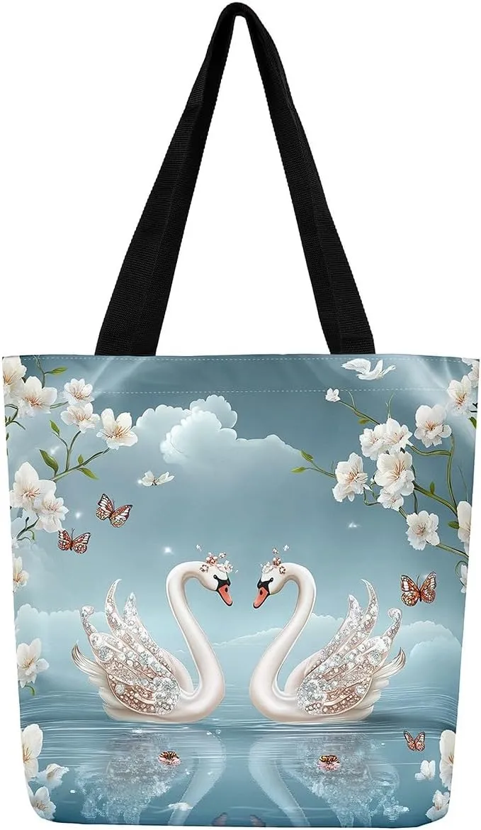 Hippo Canvas Tote Bag for Women,Cartoon Animal Large Capacity Gym Bag Garden Flower Cute Wildlife Cotton Bags