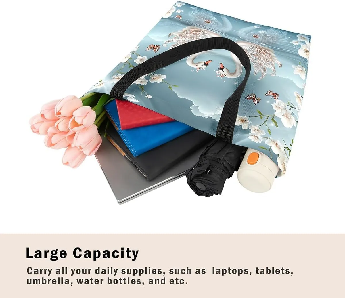 Hippo Canvas Tote Bag for Women,Cartoon Animal Large Capacity Gym Bag Garden Flower Cute Wildlife Cotton Bags