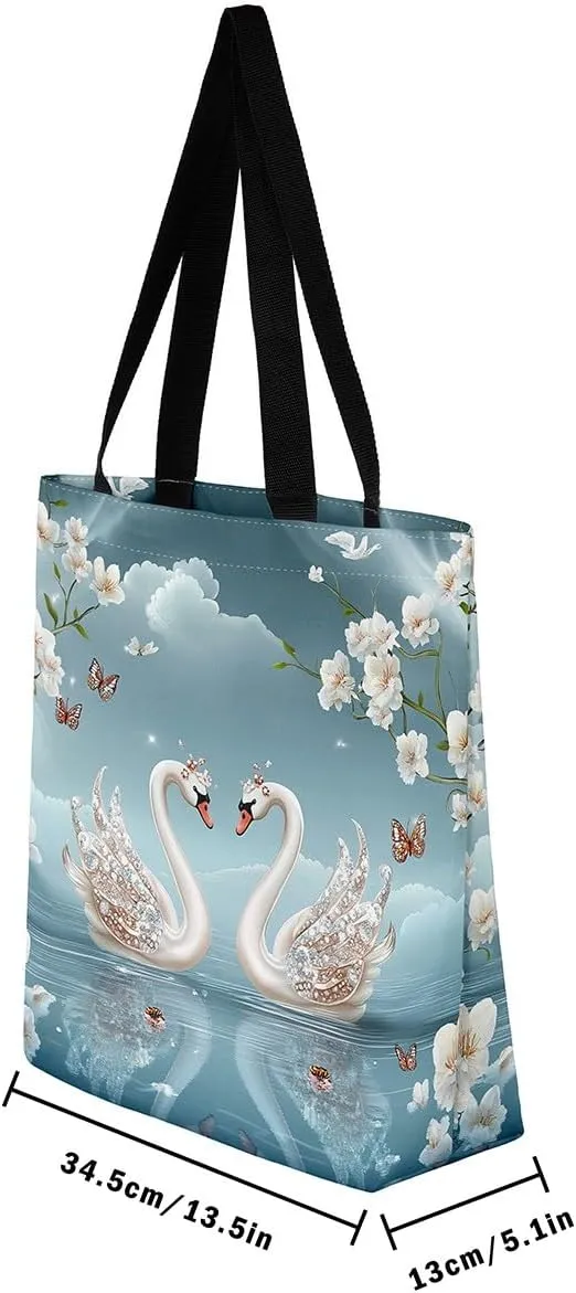 Hippo Canvas Tote Bag for Women,Cartoon Animal Large Capacity Gym Bag Garden Flower Cute Wildlife Cotton Bags