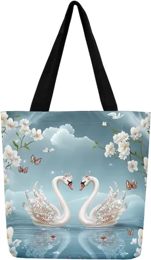 Hippo Canvas Tote Bag for Women,Cartoon Animal Large Capacity Gym Bag Garden Flower Cute Wildlife Cotton Bags