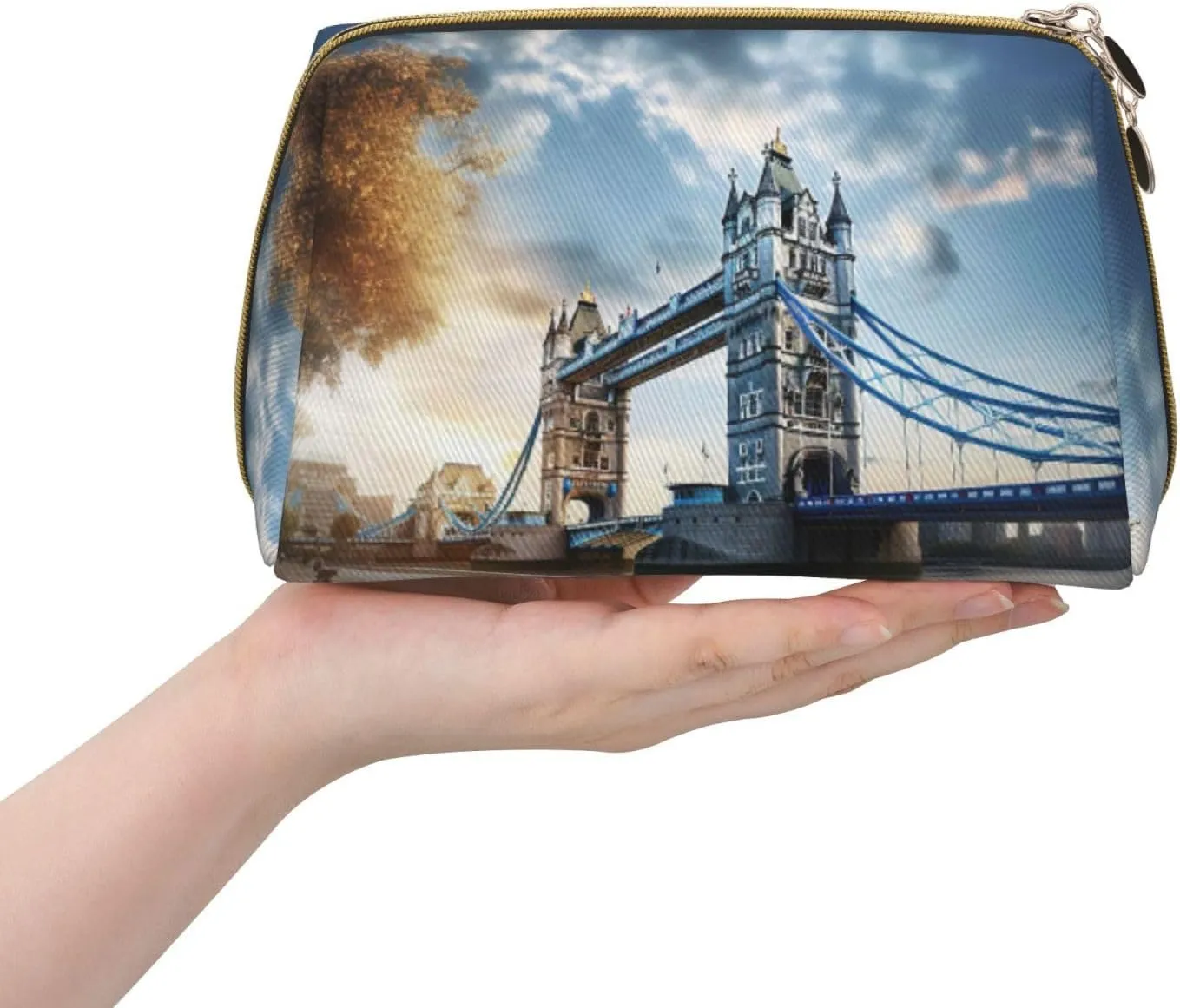 Historic Old Tower Bridge London Leather Toiletry Travel Bag, Compact Makeup Organizer For Women
