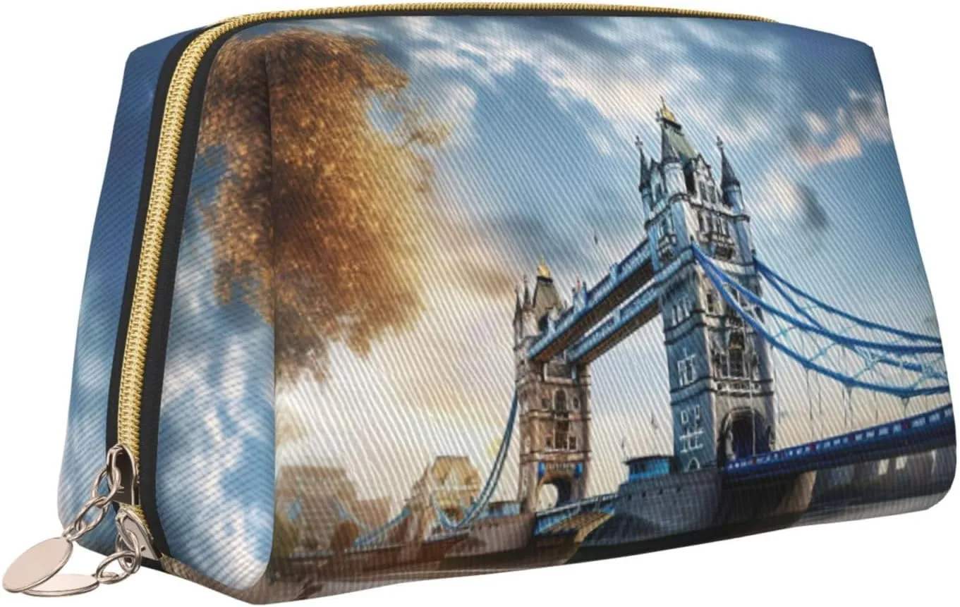 Historic Old Tower Bridge London Leather Toiletry Travel Bag, Compact Makeup Organizer For Women