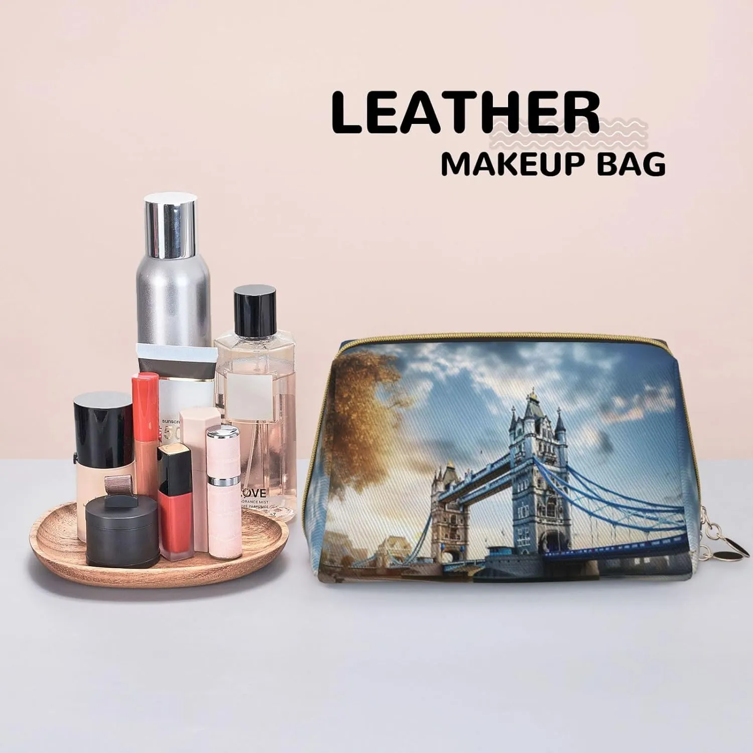 Historic Old Tower Bridge London Leather Toiletry Travel Bag, Compact Makeup Organizer For Women