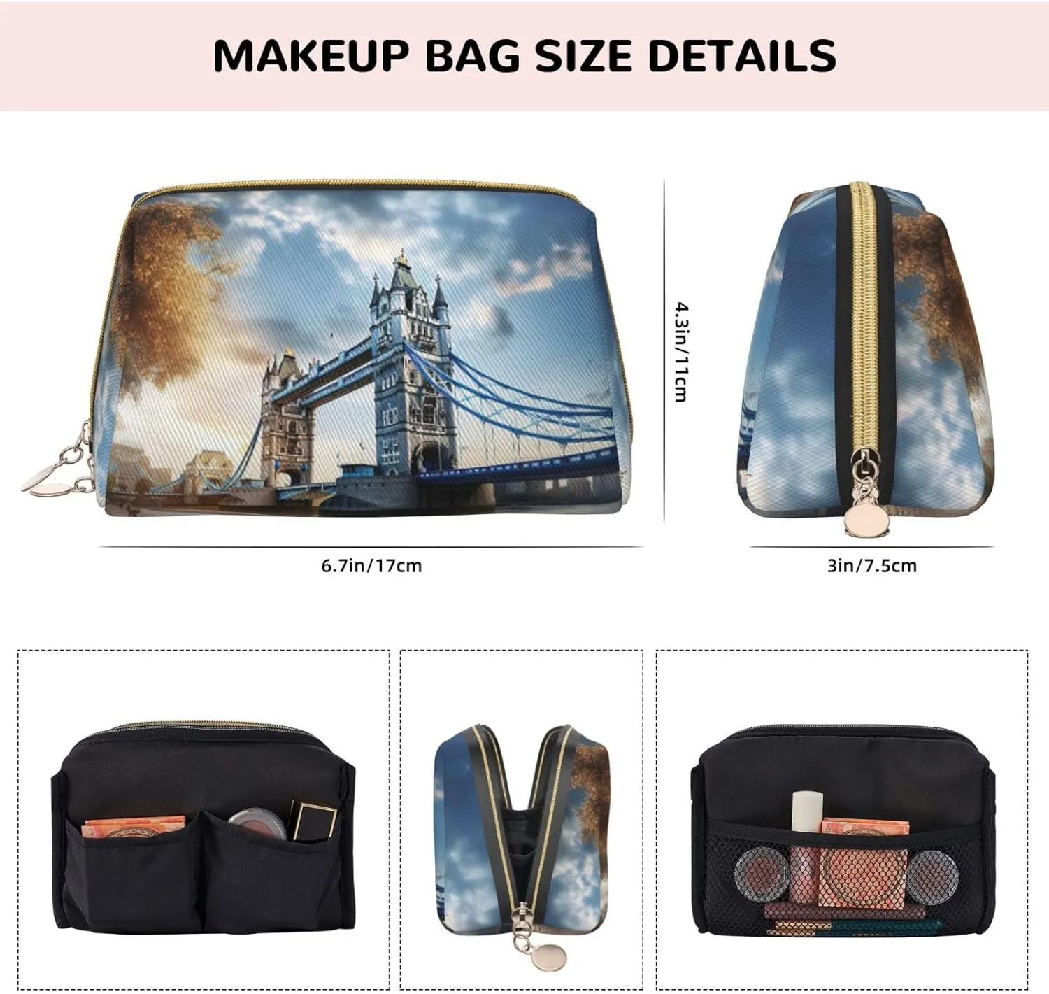 Historic Old Tower Bridge London Leather Toiletry Travel Bag, Compact Makeup Organizer For Women