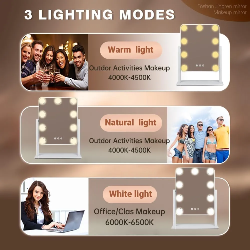 Hollywood Vanity Mirror with Lights,Tabletop Makeup Mirror with 9 LED Lights Smart Touch Control 3 Colors Light 360°Rotation Detachable 10X Magnification
