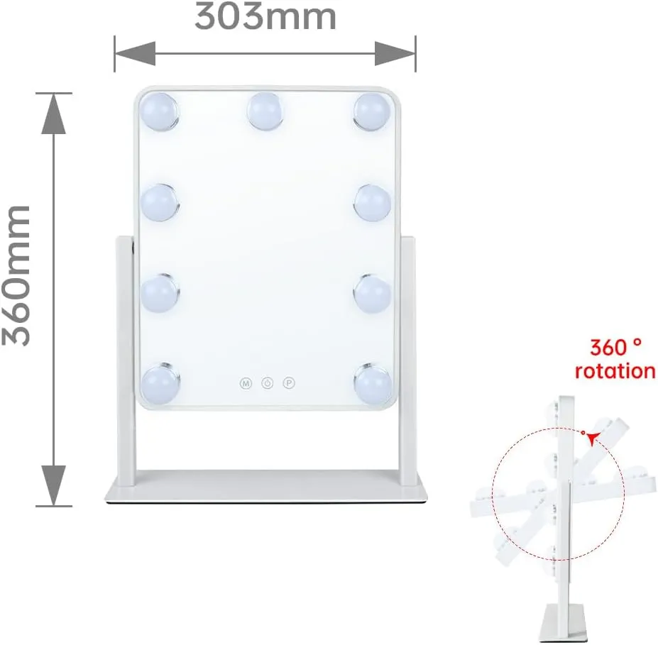 Hollywood Vanity Mirror with Lights,Tabletop Makeup Mirror with 9 LED Lights Smart Touch Control 3 Colors Light 360°Rotation Detachable 10X Magnification