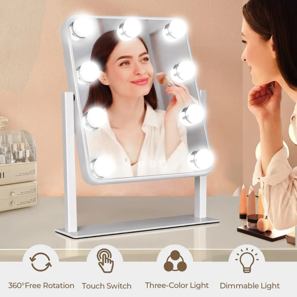 Hollywood Vanity Mirror with Lights,Tabletop Makeup Mirror with 9 LED Lights Smart Touch Control 3 Colors Light 360°Rotation Detachable 10X Magnification