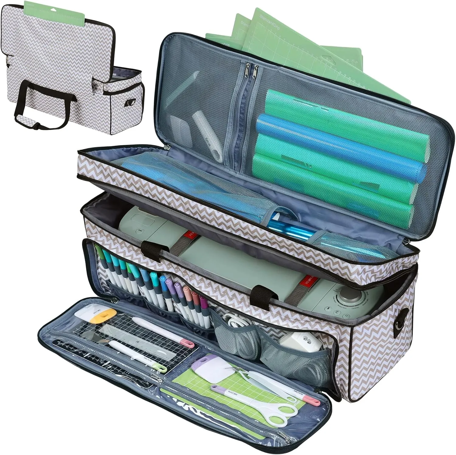 HOMEST Double Layer Carrying Case with Mat Pocket for Cricut Maker 3, Explore 3, Multi Front Pockets for Accessories and Supplies, Ripple