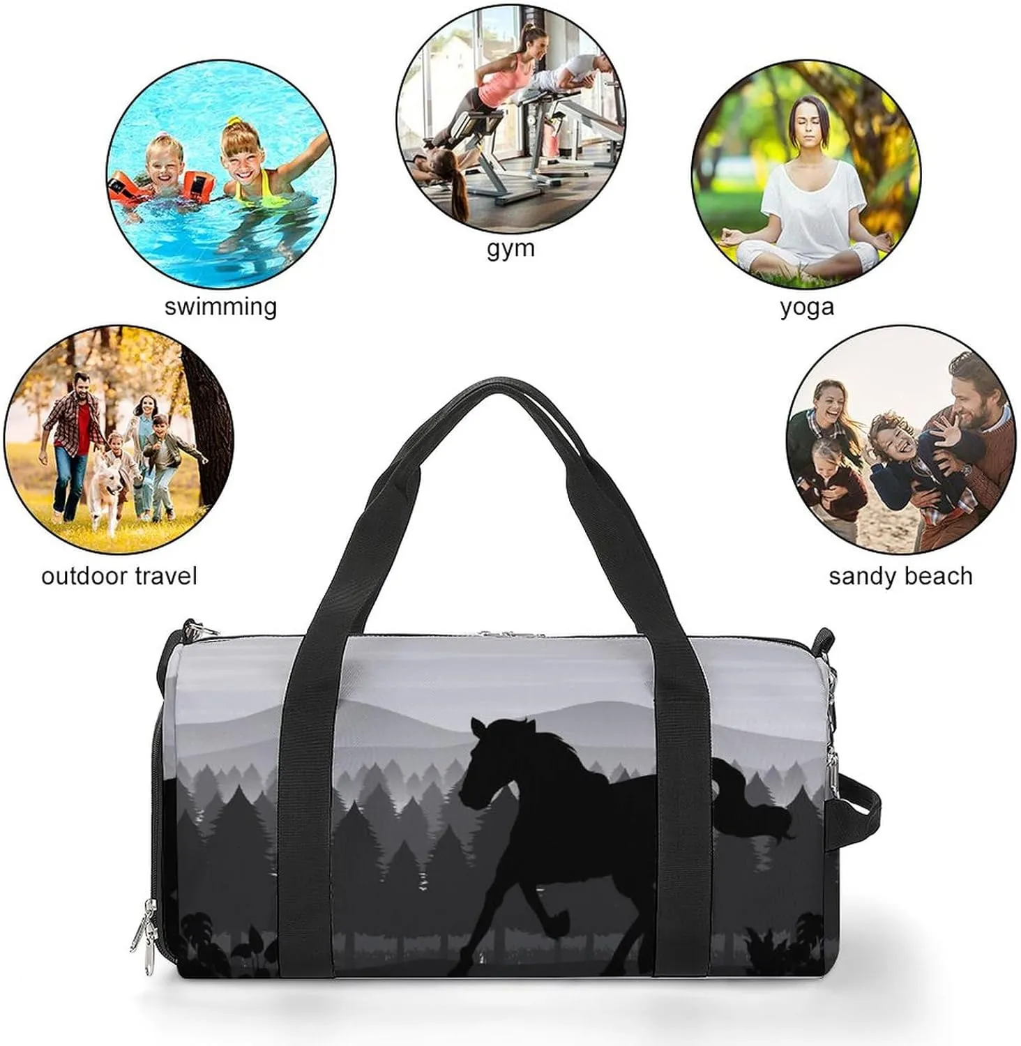 Horse-shadow-forest-pattern Sports Tote Gym Bag for Women Men, Overnight Bag with Shoe Compartment Water Resistant