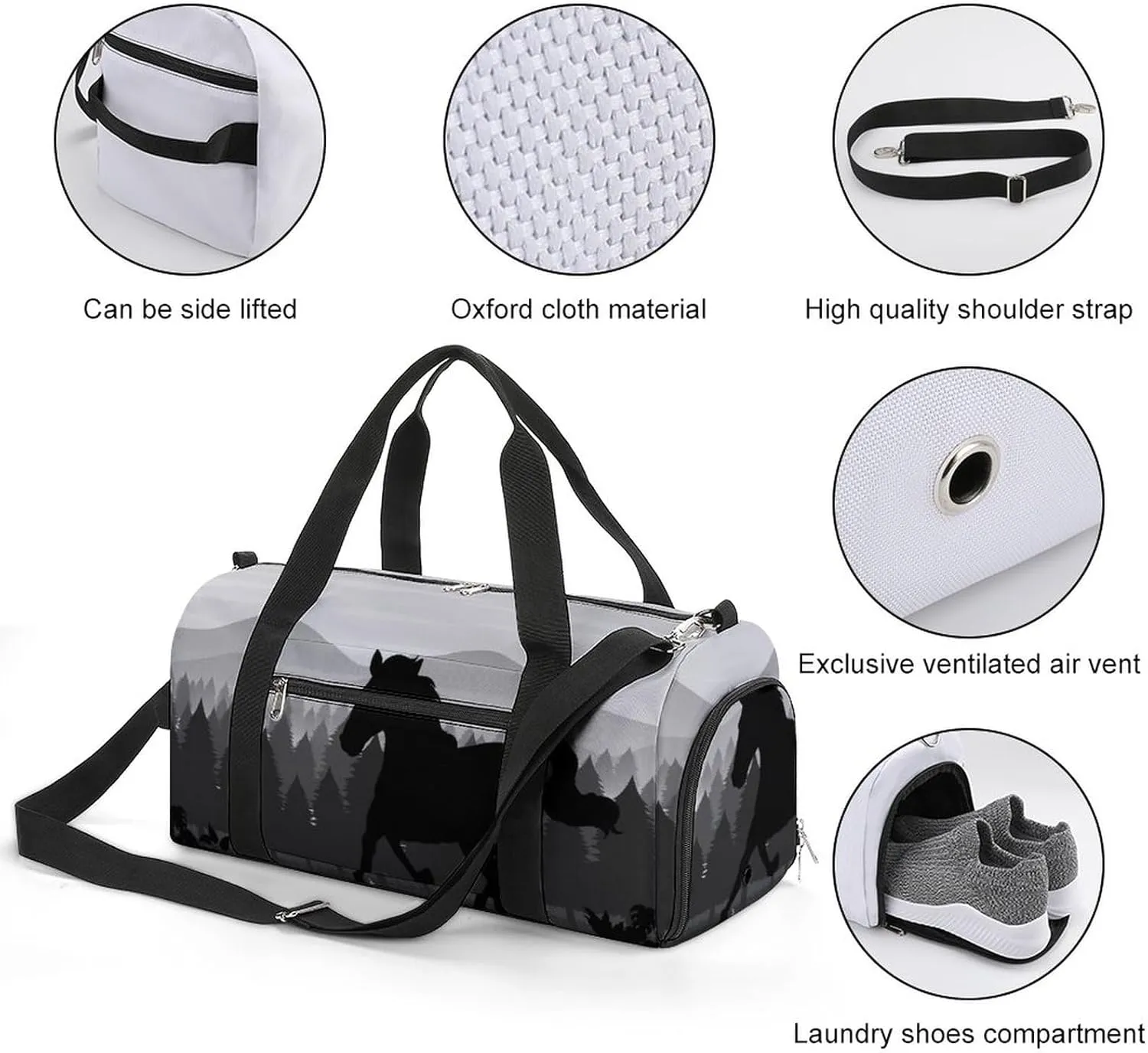 Horse-shadow-forest-pattern Sports Tote Gym Bag for Women Men, Overnight Bag with Shoe Compartment Water Resistant