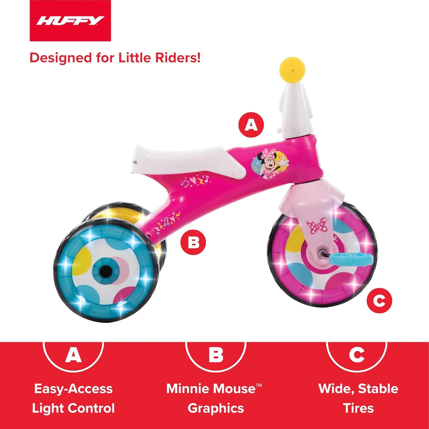 Huffy Disney Minnie Mouse Light Up Kids' Trike, Ideal for Ages 3 , Minnie Mouse Graphics, Colorful and Playful Design, Simple Coaster Brake, Sturdy and Durable, Safe for Toddlers, Girl's