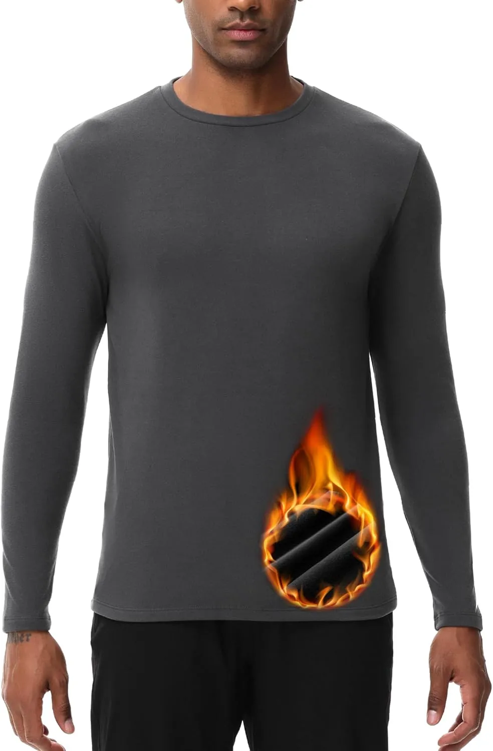 HUGE SPORTS Thermal Underwear for Men Long Sleeve Thermal Shirts Fleece Lined Crew Neck Base Layer Thermal Underwear Top