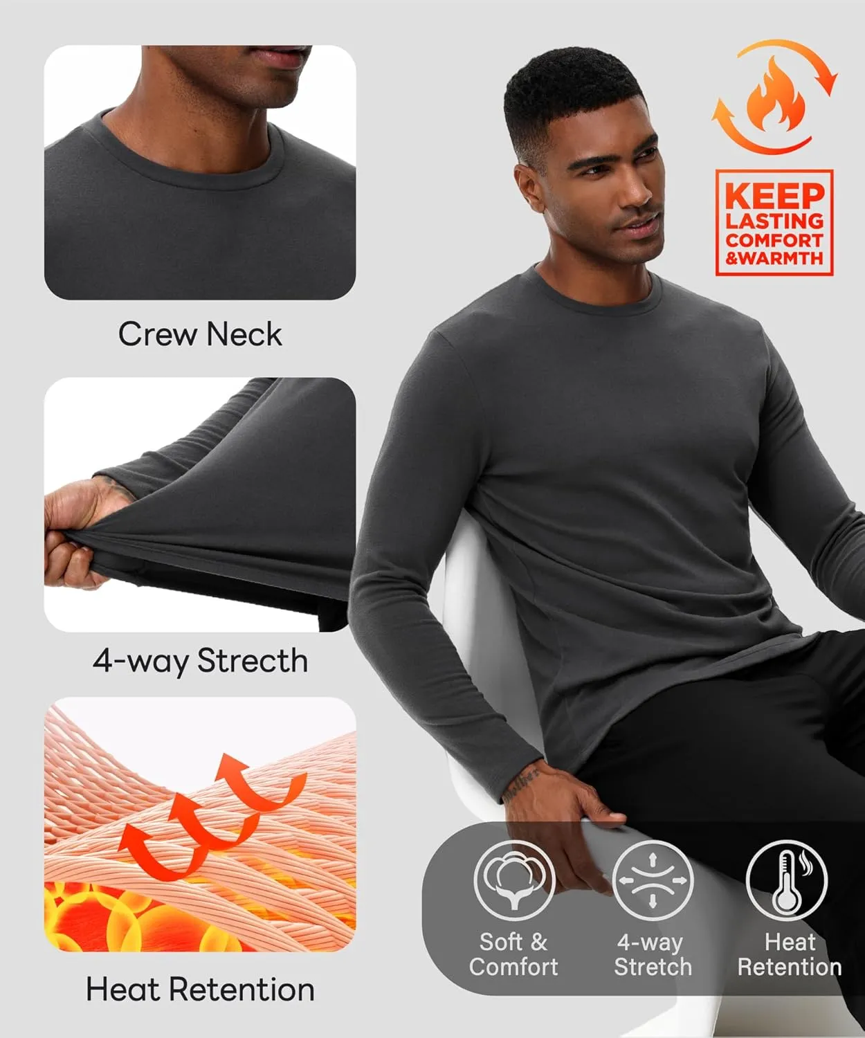 HUGE SPORTS Thermal Underwear for Men Long Sleeve Thermal Shirts Fleece Lined Crew Neck Base Layer Thermal Underwear Top