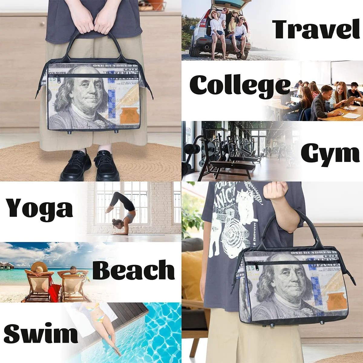 Hundred Dollar Bill Portrait Weekender Overnight Bag for Women Waterproof Carry On Travel Duffle Bags with Pocket Lightweight Sports Gym Tote Bag Large Luggage Workout Personal Item Hospital Bags