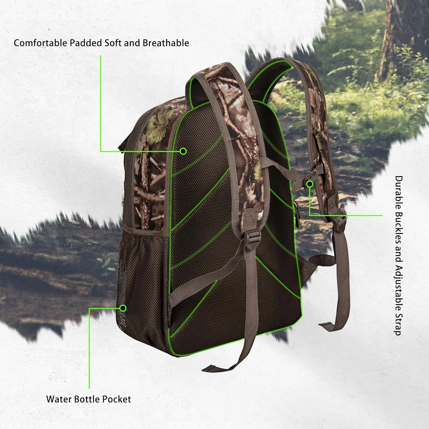 Hunting Backpack, Camo Outdoor Hunting Pack for Bow or Rifle with Holder, for Hunting, Camping, Hiking
