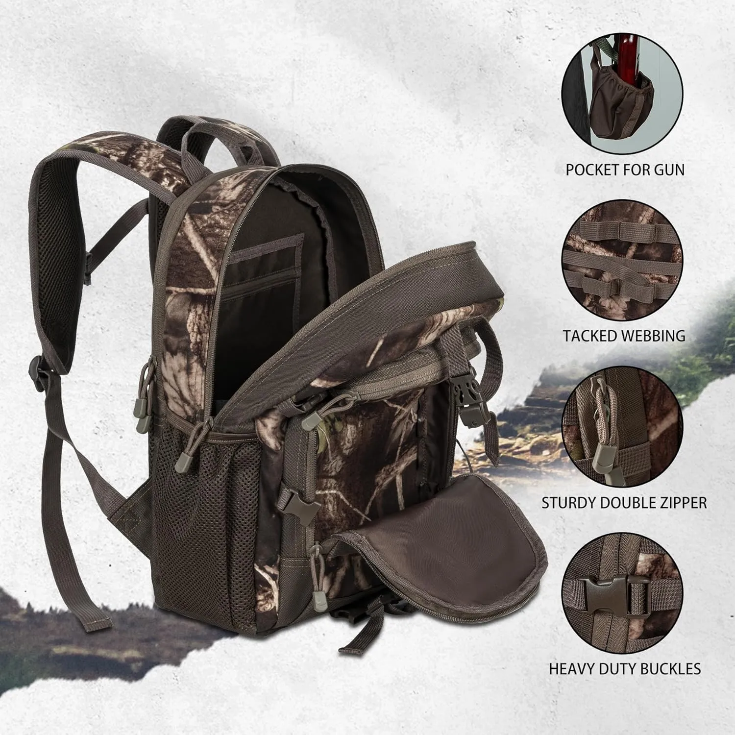 Hunting Backpack, Camo Outdoor Hunting Pack for Bow or Rifle with Holder, for Hunting, Camping, Hiking