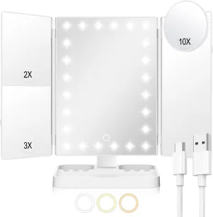 HUONUL Rechargeable Makeup Mirror with 3 Color Lights, 2000mAh Lighted Makeup Mirror, Magnetic 10X Magnifying Mirror, 360 Degree Rotation, Portable Vanity Mirror, Women Gift (Magnetic 10X-White)