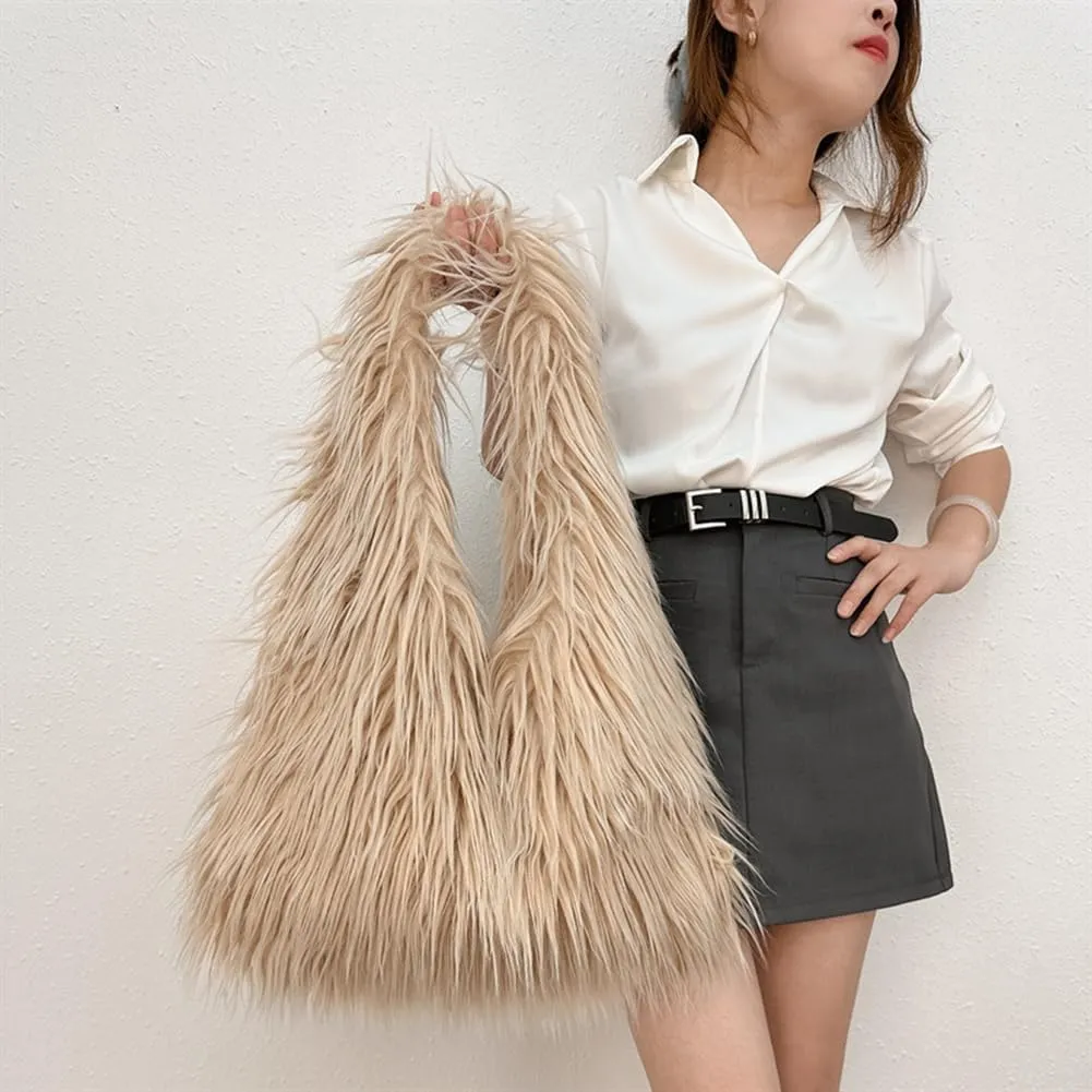 ikasus Women's Khaki Cute Fur Puffy Tote Bag, Faux Fur Bag Fluffy Tote Bag Winter Shoulder Bag