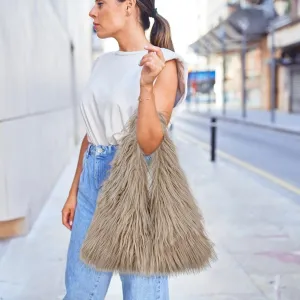 ikasus Women's Khaki Cute Fur Puffy Tote Bag, Faux Fur Bag Fluffy Tote Bag Winter Shoulder Bag