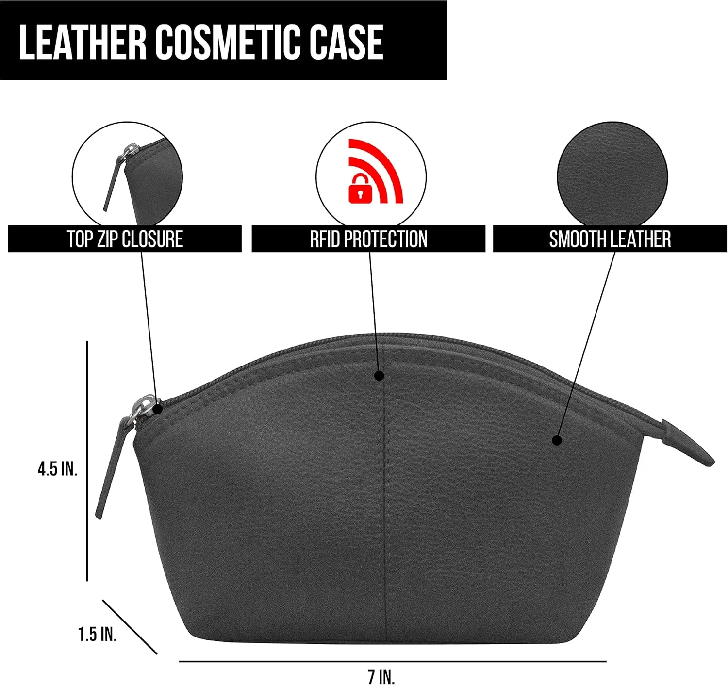 ili New York Genuine Leather Cosmetic Pouch – RFID Blocking, Leather Makeup Bag for Purse with Top Zip Closure & Interior Zip Pocket, Perfect as a Compact and Stylish Travel Cosmetic Bag