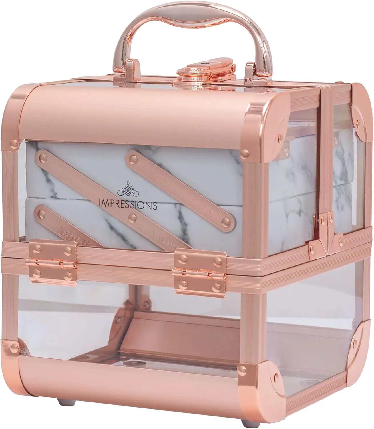 Impressions Vanity Savvy Slaycube Makeup Travel Case with Crystal Clear Panels, Compact Makeup Organizer with Flip Top Mirror and 2 Extendable Trays (Rose Gold Clear White Marble)