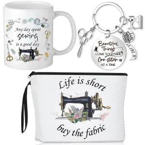 Inbagi 3 Pcs Sewing Gifts for Seamstress Women Cosmetic Bag Quilting Coffee Mug 11 oz Quilter Keychain Funny Gifts for Quilters Sewing Lovers