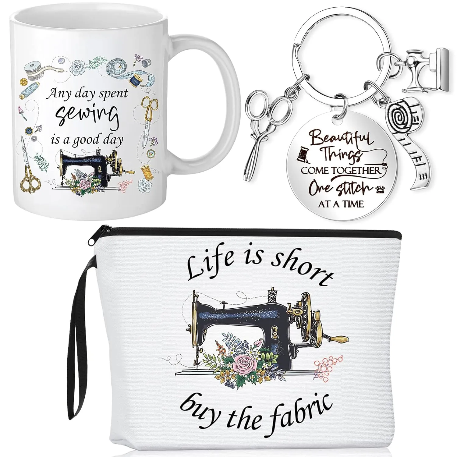 Inbagi 3 Pcs Sewing Gifts for Seamstress Women Cosmetic Bag Quilting Coffee Mug 11 oz Quilter Keychain Funny Gifts for Quilters Sewing Lovers