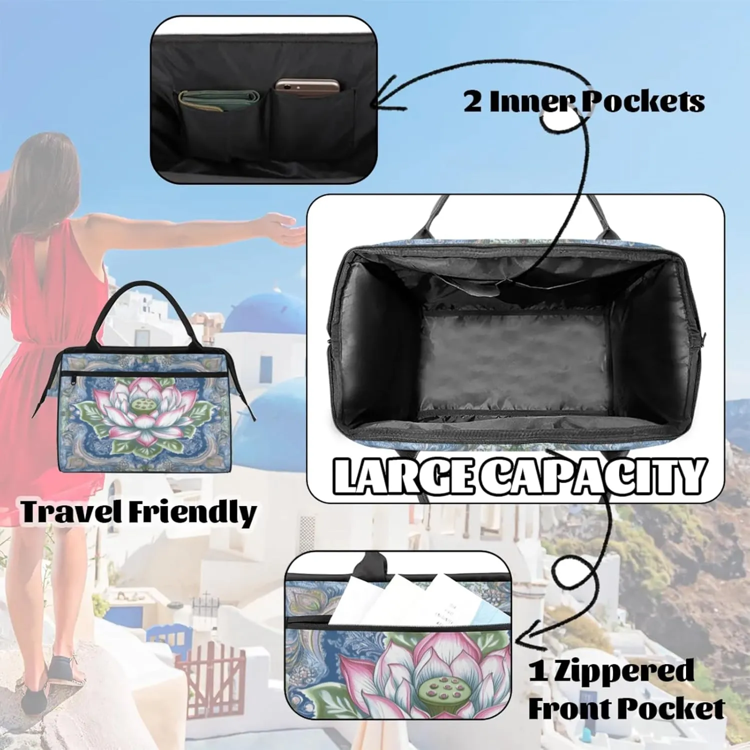 India Carpet Flower Travel Duffle Bag for Women, Ladies Overnight Weekender Bag Gym Sports Bags A-2