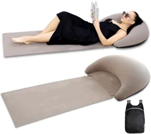 Inflatable Beach Mat Lounge Chair, Outdoor Sunbathing Sleeping Pad with Inflatable Pillow, Portable Flocking Beach Lounge Chair, Suitable for Lawn, Outdoor Camping, Travel, Beach Vacation (Khaki)