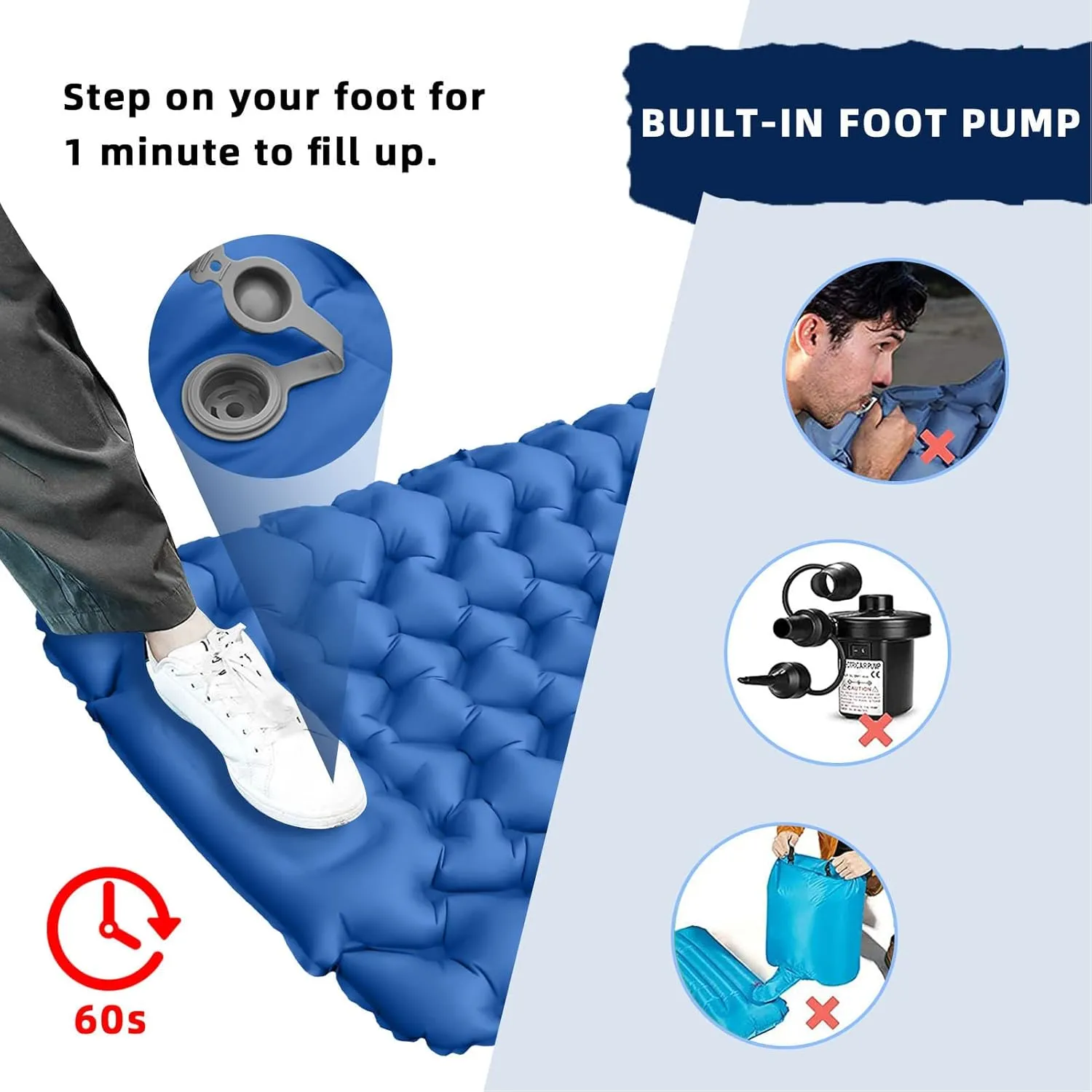 Inflatable Ergonomic Camping Sleeping Pad with Foot Inflation for Office Outdoor (Navy Blue)
