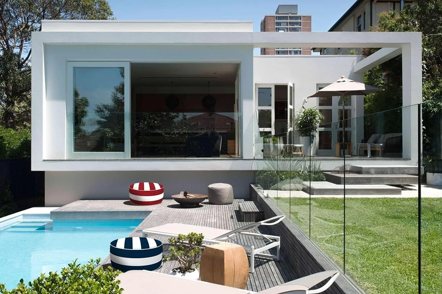 Inflatable Footstool Ottoman Navy Stripe Round 21x9 Inch Patio Foot Stools and Ottomans Portable Footrest