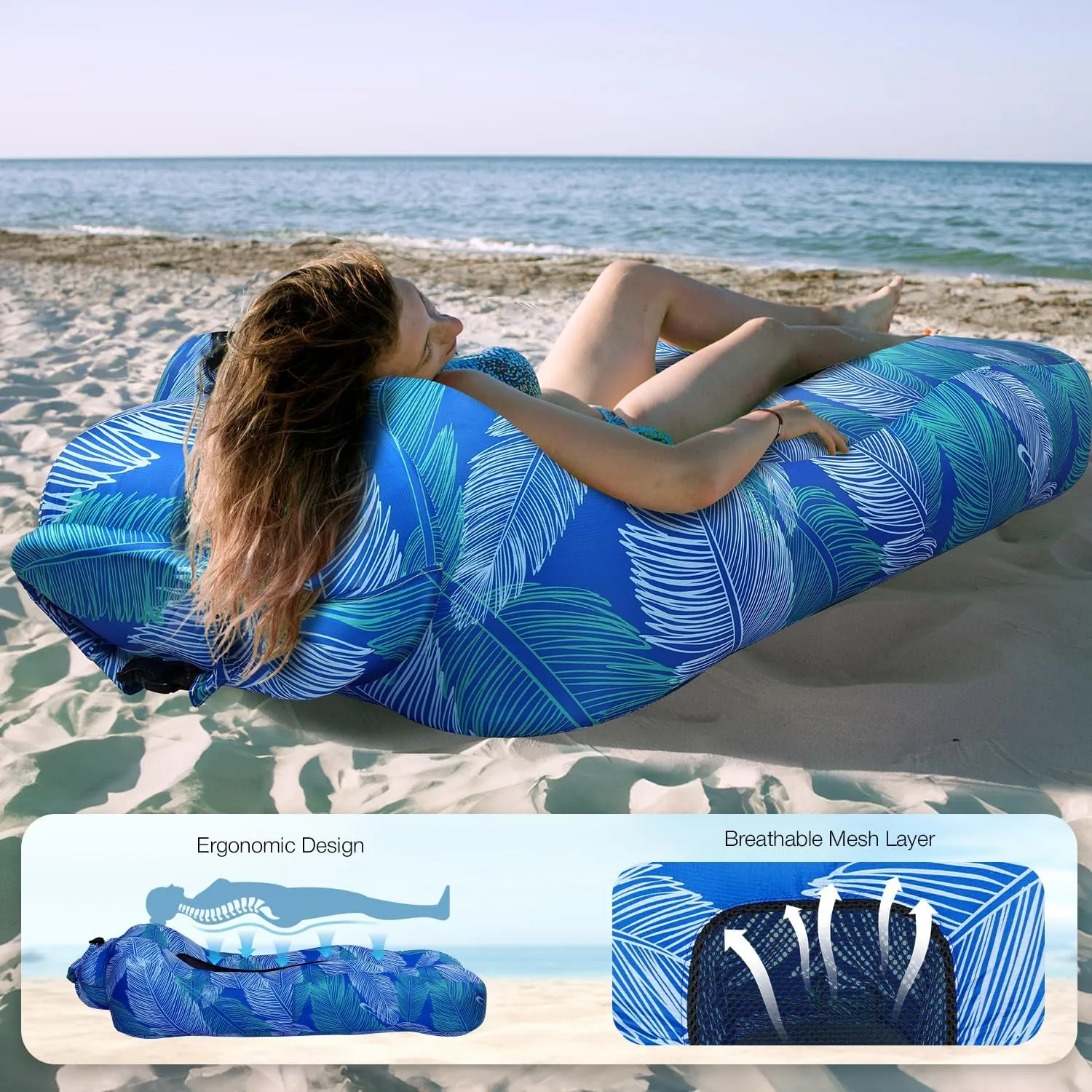 Inflatable Lounger, Ultralight Portable Ergonomic Beach Bed Air Sofa Couch Waterproof Anti-Air Leaking for Indoor Outdoor Hiking Camping Traveling, No Pump Required