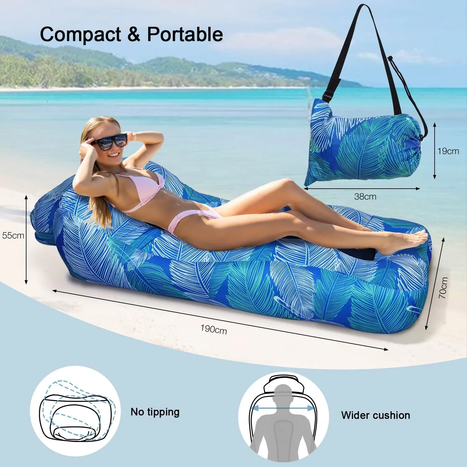 Inflatable Lounger, Ultralight Portable Ergonomic Beach Bed Air Sofa Couch Waterproof Anti-Air Leaking for Indoor Outdoor Hiking Camping Traveling, No Pump Required
